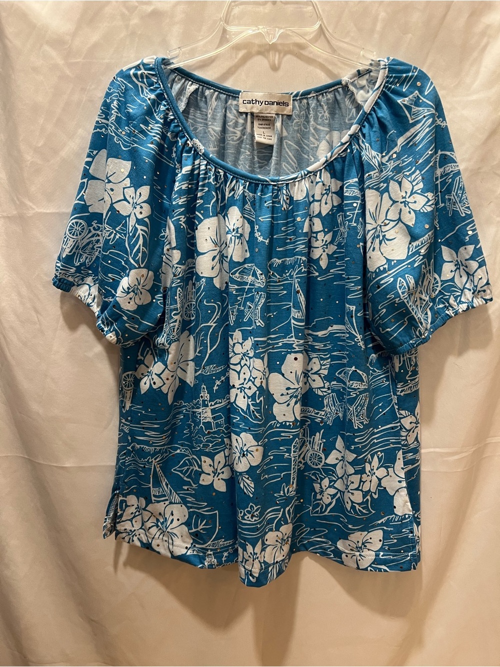 Cathy Daniels Teal-Blue Floral Short Sleeve Scoop Top